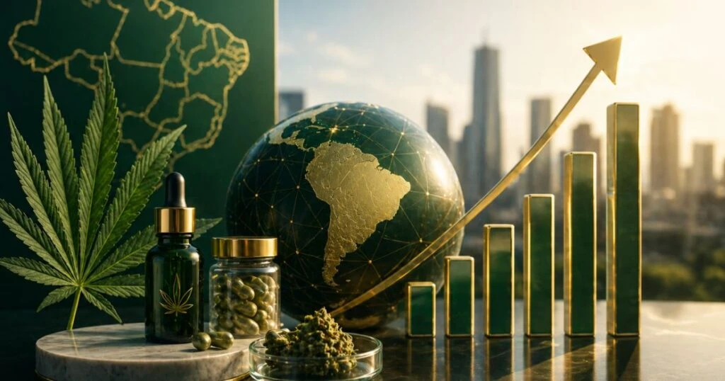Digitally rendered image showcasing the cannabis industry's growth in Latin America, centered on Brazil. Features a green cannabis leaf, a dropper bottle, capsules, and dried buds in the foreground. A globe with gold connectivity lines highlights South America, paired with a rising bar chart and upward gold arrow symbolizing economic expansion. Background includes a gold-outlined map of Brazil and a glowing cityscape