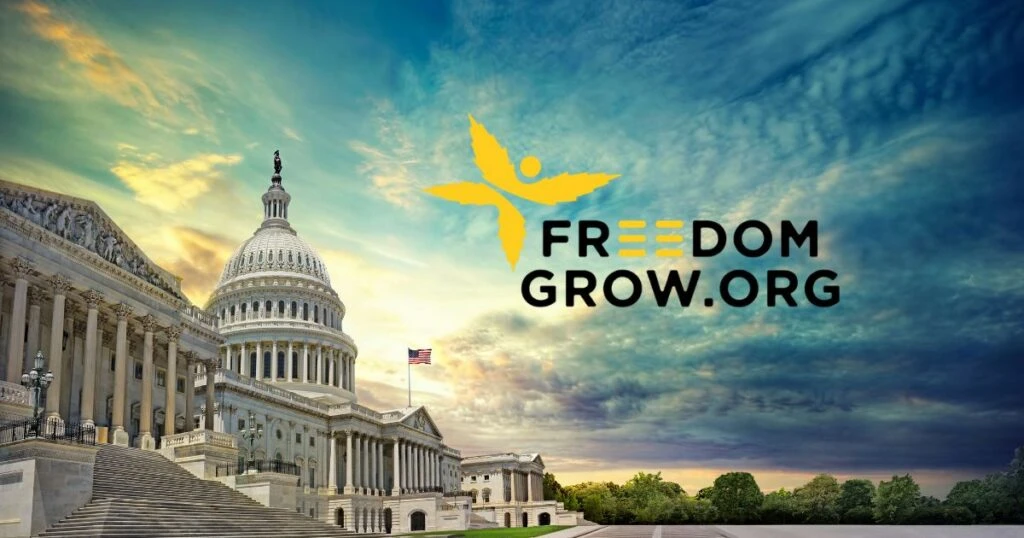 Freedom Grow advocacy graphic featuring the U.S. Capitol under a dramatic sky, with organization branding and logo highlighting Cannabis Week of Unity