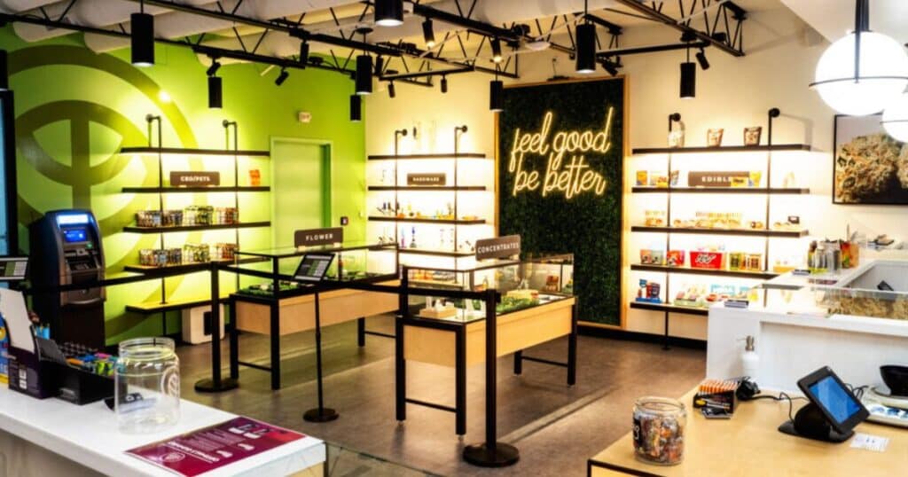 Inside Kinds Goods dispensary.  Products line the shelves.