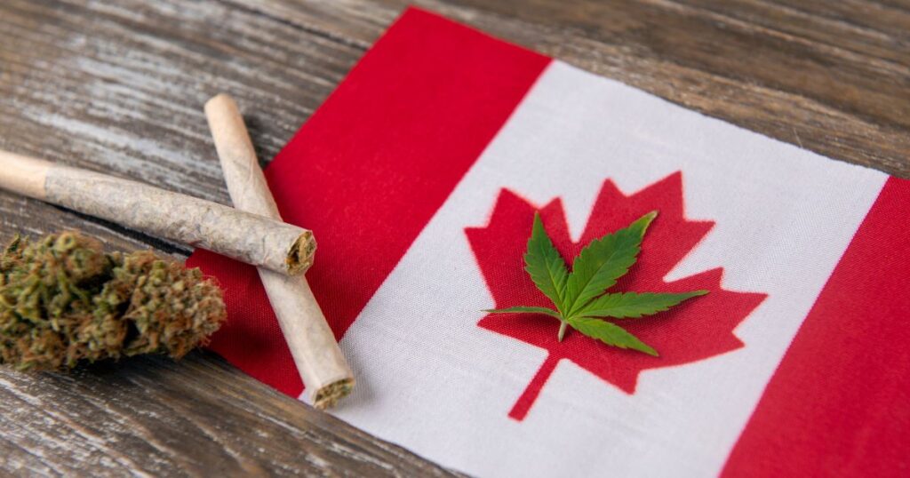 Canadian flag with a cannabis leaf placed on the maple leaf, alongside pre-rolled joints and a cannabis bud on a wooden surface, symbolizing the Canada cannabis industry's role in driving economic growth