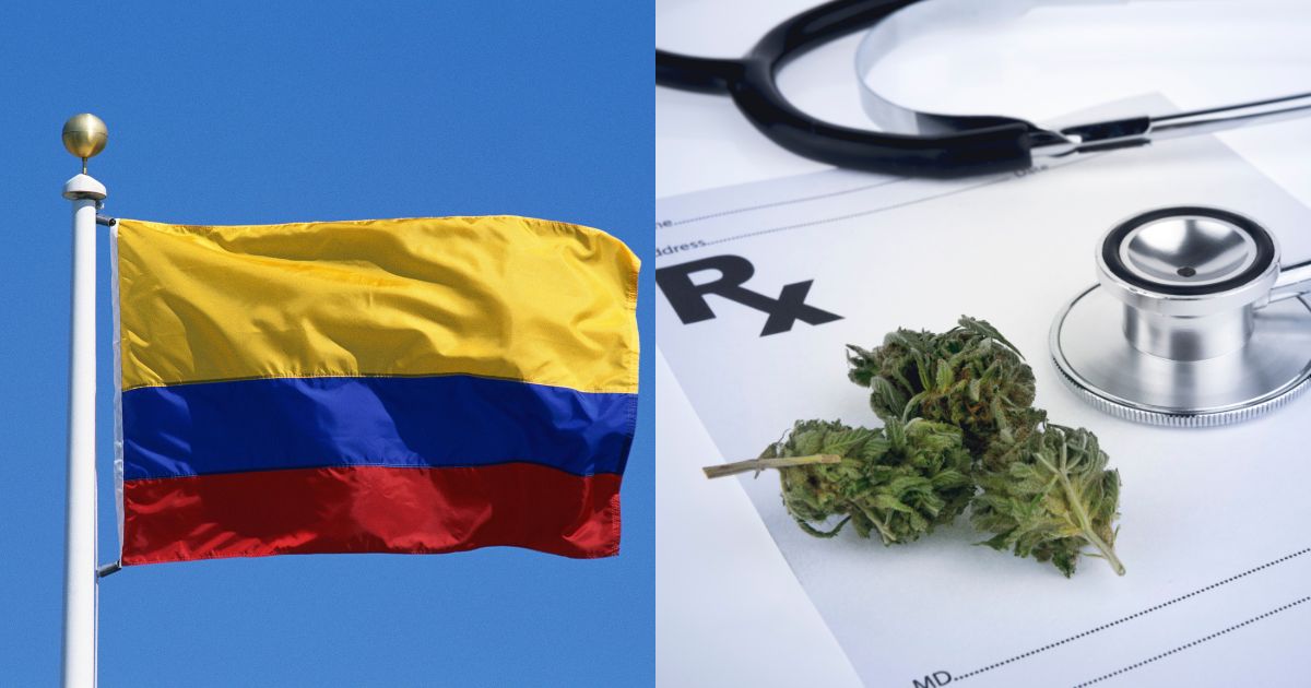 Split image featuring the Colombian flag waving against a blue sky and medical cannabis buds with a stethoscope on a prescription pad, symbolizing Colombia approving medical cannabis sales