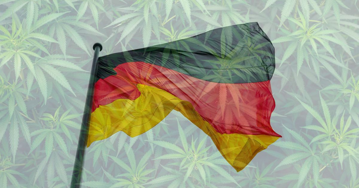 Waving German flag superimposed over a background of green cannabis leaves, symbolizing Germany's focus on medical cannabis policies and industry growth