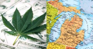 Composite image featuring a green cannabis leaf resting on US dollar bills alongside a colorful map of Michigan and the Great Lakes region, symbolizing the financial and geographical impact of Michigan's cannabis tax