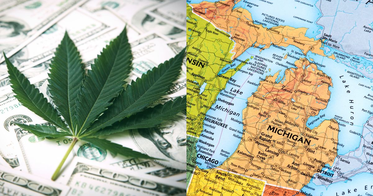 Composite image featuring a green cannabis leaf resting on US dollar bills alongside a colorful map of Michigan and the Great Lakes region, symbolizing the financial and geographical impact of Michigan's cannabis tax