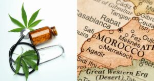 Split image featuring medical cannabis items, including leaves, a pill bottle, and a stethoscope, alongside a detailed map of Morocco, symbolizing Morocco's cannabis export and medical advancements