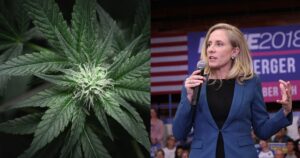Split image featuring a close-up of a vibrant cannabis plant and Virginia Governor Abigail Spanberger speaking at a political event, symbolizing the push for Virginia recreational cannabis policies
