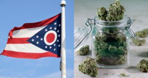 Split image showing the Ohio state flag waving against a clear blue sky alongside a glass jar filled with cannabis buds, symbolizing the debate surrounding Ohio Senate Bill 56 and its impact on recreational cannabis