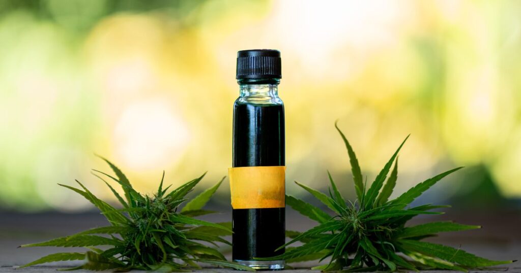 Dark glass bottle of cannabis oil labeled for Rick Simpson Oil History, surrounded by fresh green cannabis buds on a textured surface, with a blurred natural background of greenery and sunlight