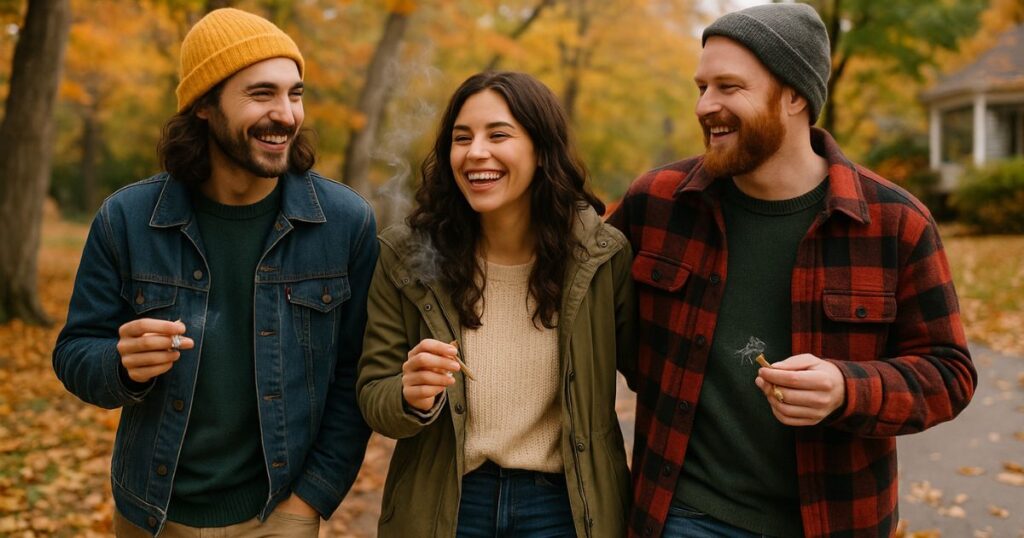 Three friends walking outdoors on a crisp autumn day, surrounded by fallen leaves, smiling and holding lit joints, embodying the relaxed tradition of a Thanksgiving weed walk