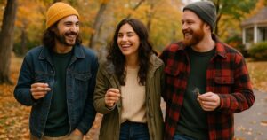 Three friends walking outdoors on a crisp autumn day, surrounded by fallen leaves, smiling and holding lit joints, embodying the relaxed tradition of a Thanksgiving weed walk
