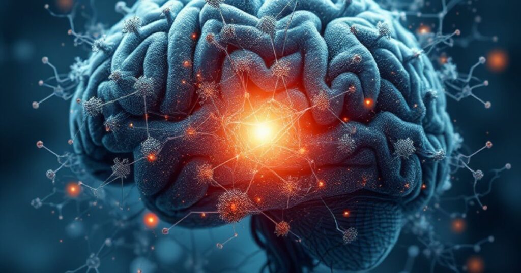 Illustration of human brain connected by glowing mycelium network symbolizing the link between psychedelics and mental health.