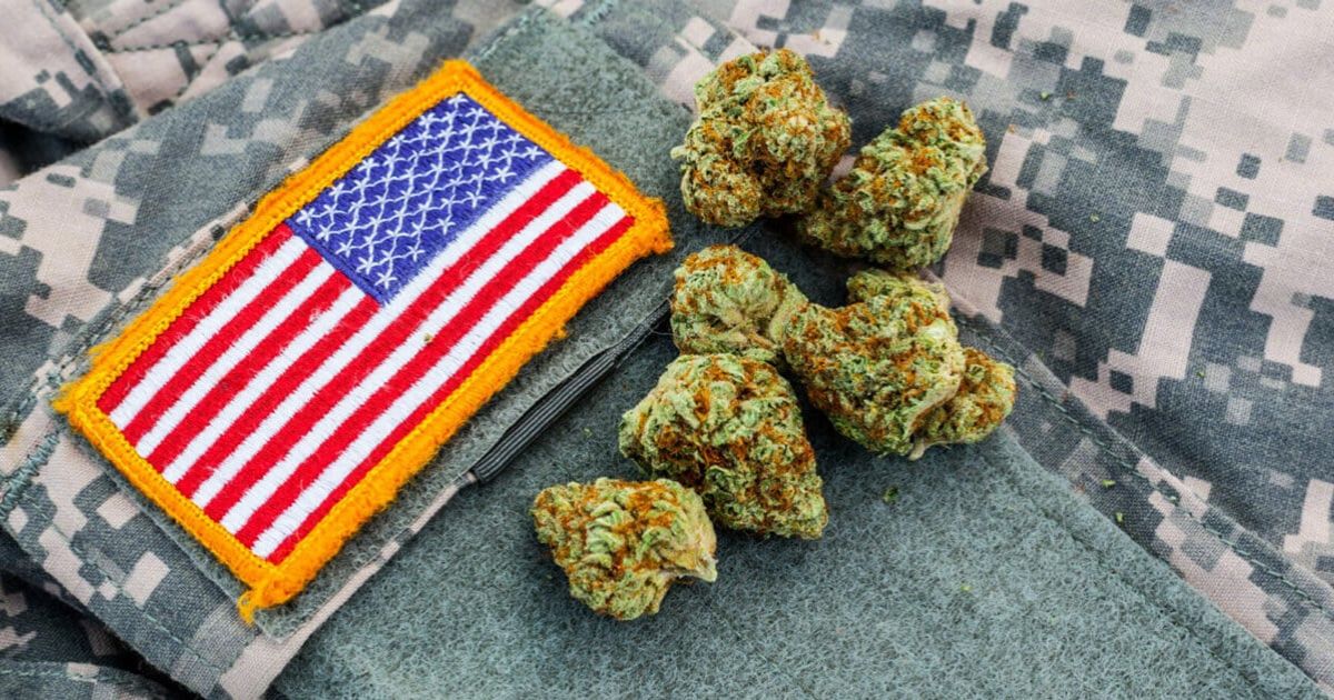 Flat lay of an American flag patch on military camouflage fabric, surrounded by cannabis buds, symbolizing the connection between veterans and the advocacy for cannabis use in addressing their health needs