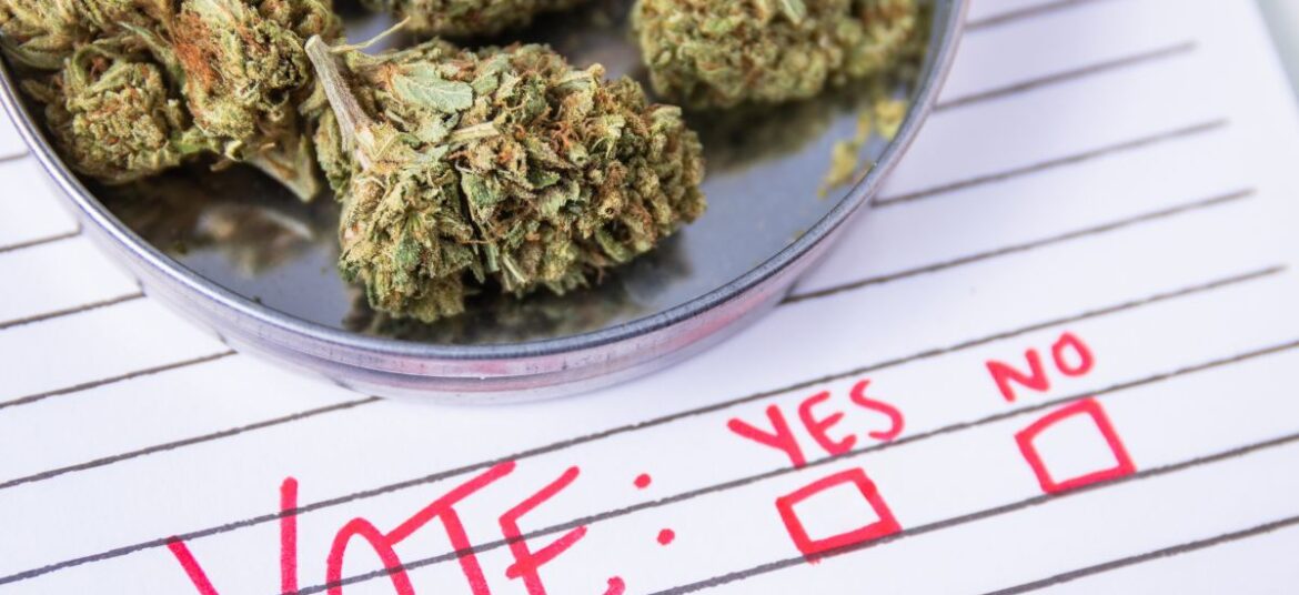 Close-up of cannabis buds in a metallic container placed on lined paper with handwritten 'VOTE: YES NO' and empty checkboxes, symbolizing the controversy over deceptive tactics in Massachusetts' cannabis industry ballot efforts." Let me know if you'd like any adjustments