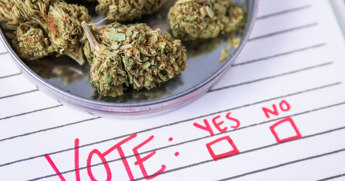 Close-up of cannabis buds in a metallic container placed on lined paper with handwritten 'VOTE: YES NO' and empty checkboxes, symbolizing the controversy over deceptive tactics in Massachusetts' cannabis industry ballot efforts." Let me know if you'd like any adjustments