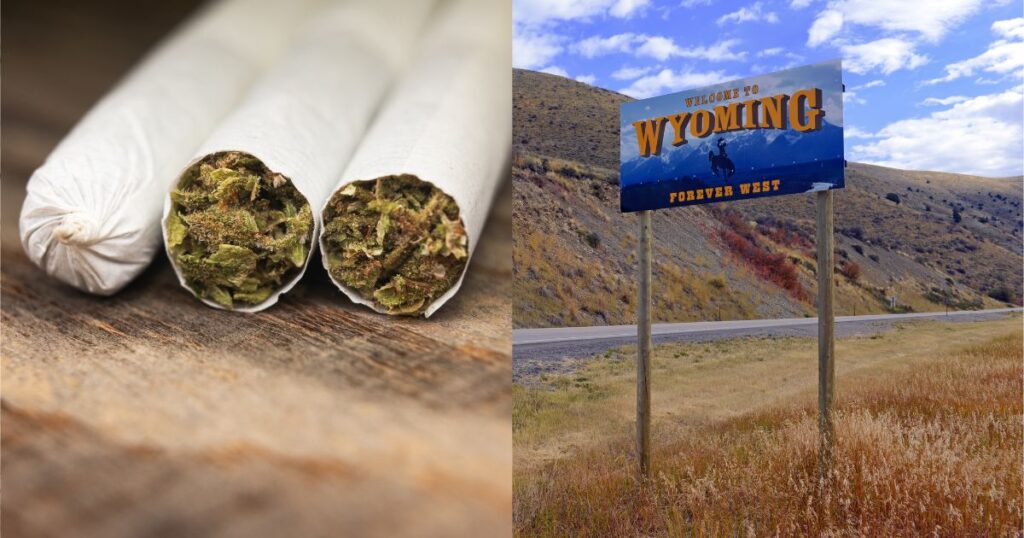 Juxtaposed image of three cannabis joints on a wooden surface alongside a 'Welcome to Wyoming' sign in a mountainous landscape, highlighting the state's stance on simple marijuana possession