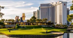 Scenic view of a golf course with a golfer mid-swing, a caddy walking nearby, and a clubhouse in the midground, set against tall hotel buildings under a bright sky, representing James Keyes’ Charity Driven Golf Classic.