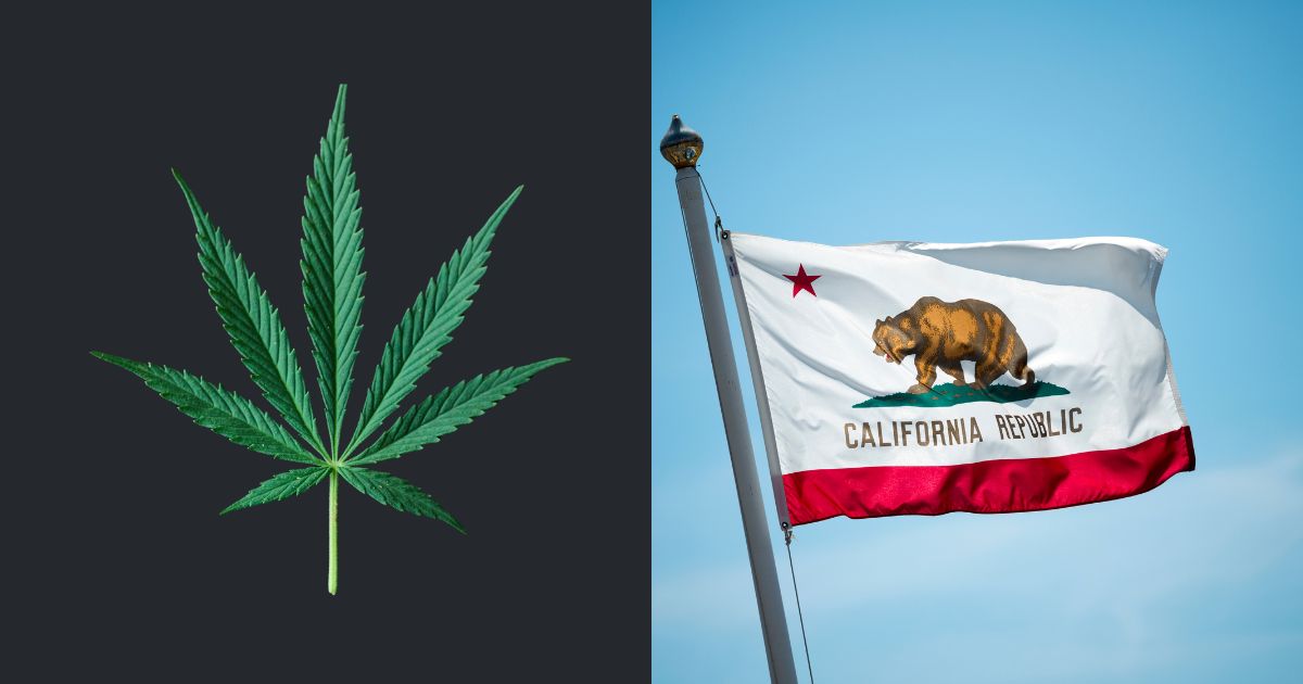 Composite image featuring a vibrant green cannabis leaf on the left against a dark background, and the California state flag on the right, waving against a bright blue sky. The flag displays a grizzly bear walking on grass with the text 'CALIFORNIA REPUBLIC' below. The image highlights California's strong association with cannabis and its pivotal role in legalization