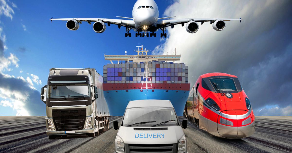 Composite image featuring an airplane, cargo ship, delivery van, semi-truck, and high-speed train moving towards the viewer under a dynamic sky, symbolizing the transportation industry's connection to DOT marijuana testing policies.