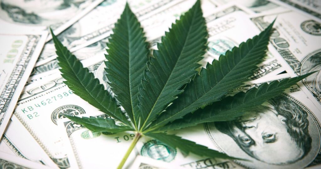 Close-up of a green cannabis leaf resting on a scattered pile of U.S. one hundred-dollar bills, with Benjamin Franklin's portrait and monetary details visible. The image highlights the commercialization and financial influence of corporate cannabis in the industry