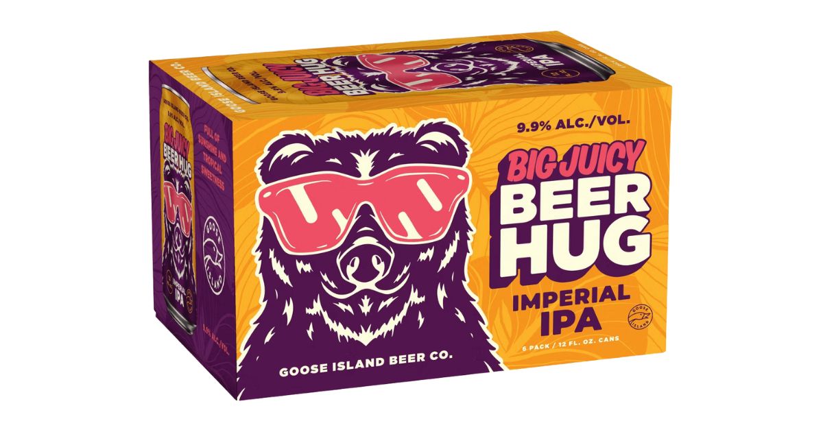 Brightly colored 6-pack of 'Big Juicy Beer Hug Imperial IPA' featuring a playful purple bear wearing pink sunglasses, highlighting the contrast in perceptions of cannabis marketing to children versus similar beer branding