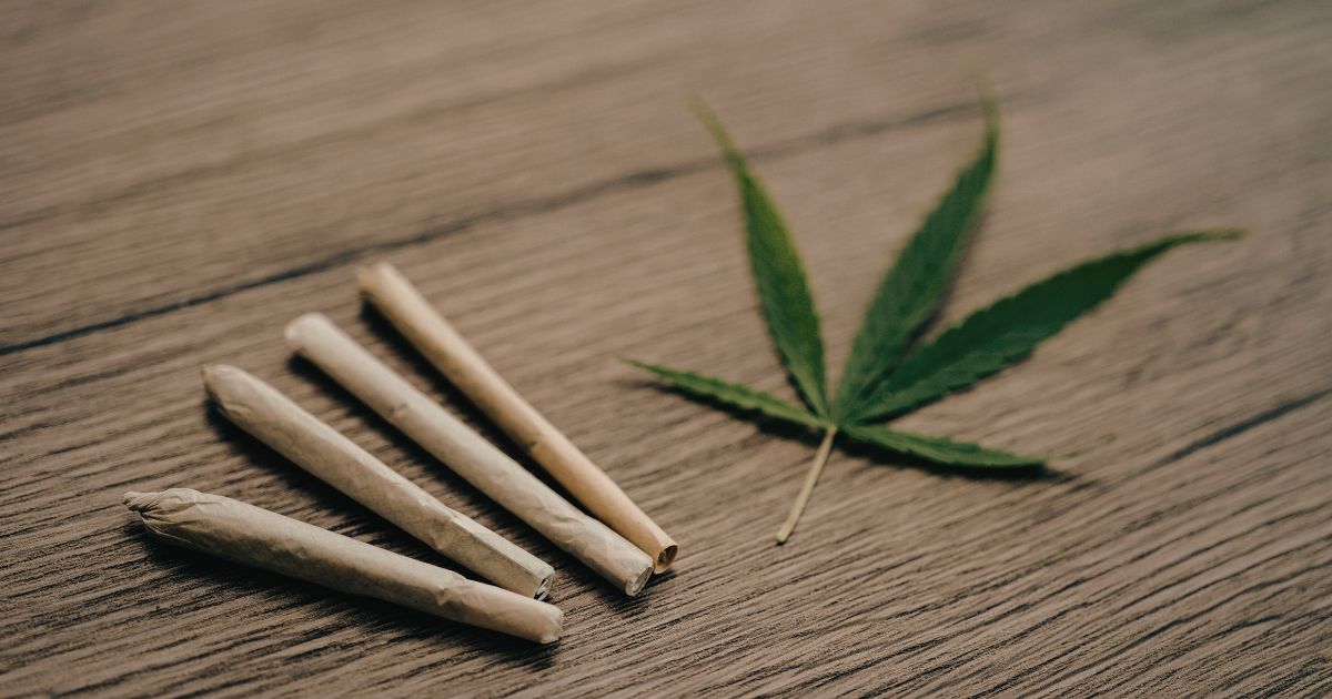 Close-up of four pre-rolled joints and a vibrant green cannabis leaf arranged on a wooden surface. The image evokes the concept of Massachusetts cannabis consumption lounges, highlighting a relaxed and natural setting for enjoying cannabis products