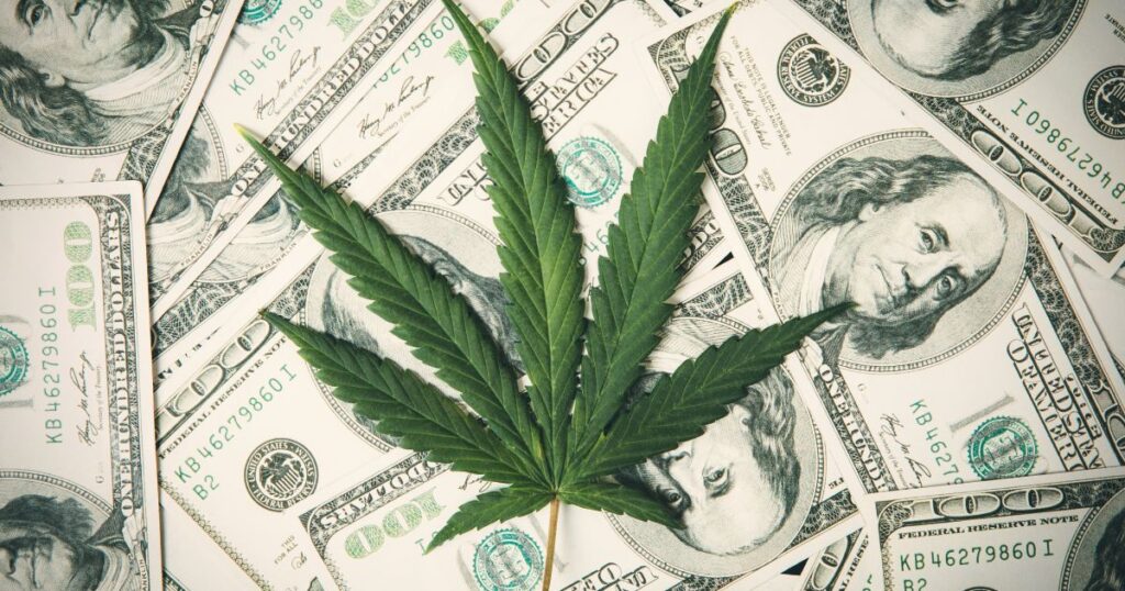 Flat lay image of a vibrant green cannabis leaf placed over scattered US one-hundred dollar bills, symbolizing the financial impact of Michigan's wholesale cannabis tax on the industry