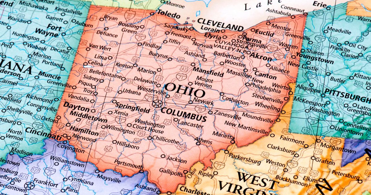 Detailed map highlighting Ohio in reddish-orange, surrounded by neighboring states and featuring major cities like Columbus, Cleveland, and Cincinnati, along with highways and Lake Erie, symbolizing the regional impact of Ohio Senate Bill 56.