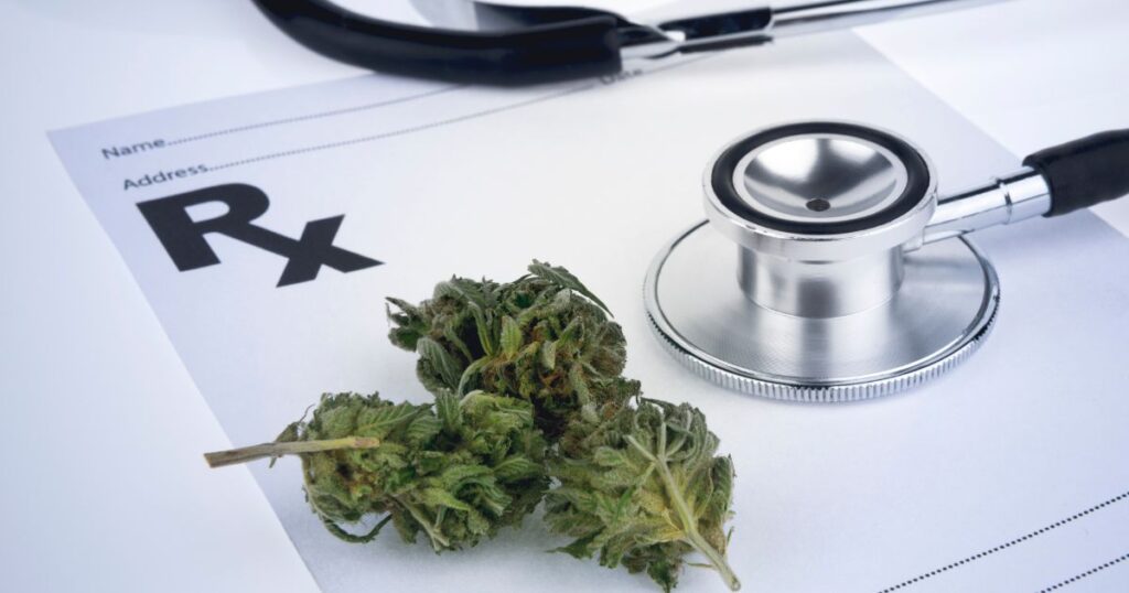 Flat lay image featuring a prescription pad with 'Rx' prominently displayed, three green cannabis buds placed on it, and a stethoscope draped across the scene on a white background. The composition symbolizes the expansion of the Texas Compassionate Use Program and its focus on medical cannabis accessibility