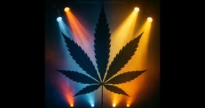 Silhouette of a cannabis leaf illuminated by vibrant spotlights in orange, blue, red, and yellow, set against a dark, smoky background, symbolizing the cultural celebration and acceptance of cannabis.