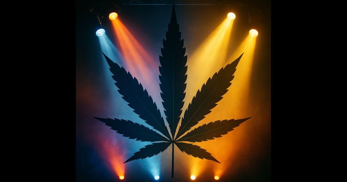 Silhouette of a cannabis leaf illuminated by vibrant spotlights in orange, blue, red, and yellow, set against a dark, smoky background, symbolizing the cultural celebration and acceptance of cannabis.