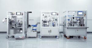 Three modular industrial machines with transparent panels and touchscreen interfaces, set in a clean, white production facility, showcasing advanced automation for vape cart manufacturing with precision and quality control