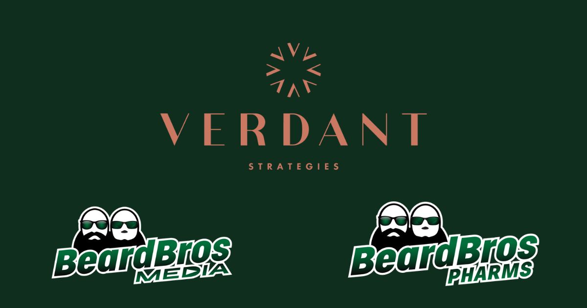Dark green background featuring the Verdant Strategies logo with a circular starburst graphic and bold text in light reddish-brown, accompanied by two BeardBros logos below, showcasing their MEDIA and PHARMS divisions with stylized bearded figures