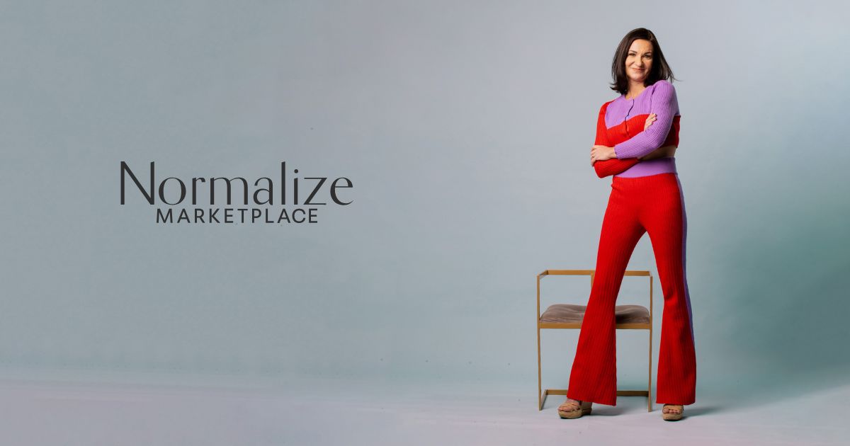 Promotional image featuring a smiling woman in a vibrant red and purple outfit standing beside a modern gold-framed chair, set against a clean light blue-grey background, with 'Normalize Marketplace' branding on the left.