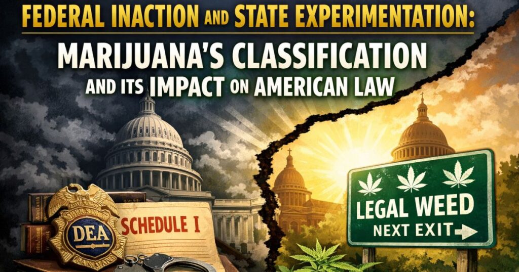 Illustration contrasting federal and state approaches to American marijuana classification, with a dark, cloudy federal side showing a DEA badge and 'Schedule I' document, and a bright state side featuring a 'Legal Weed' highway sign and marijuana plants