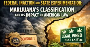 Illustration contrasting federal and state approaches to American marijuana classification, with a dark, cloudy federal side showing a DEA badge and 'Schedule I' document, and a bright state side featuring a 'Legal Weed' highway sign and marijuana plants