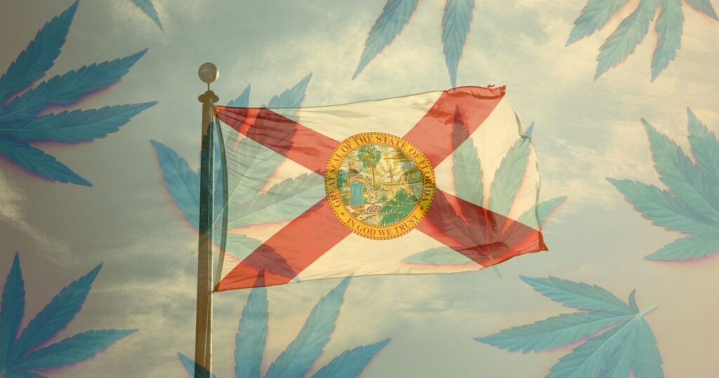 Florida state flag with its red saltire and Great Seal waving against a cloudy sky, overlaid with translucent cannabis leaves, symbolizing the Florida Attorney General's stance on recreational marijuana legislation