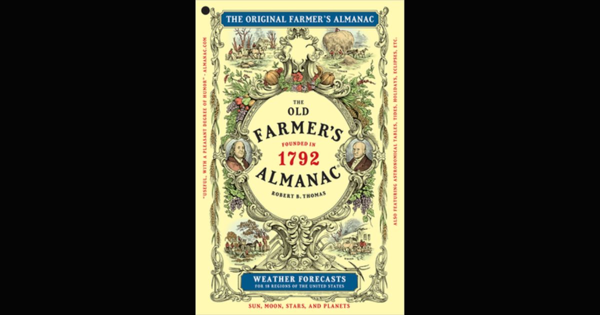 Cover of The Old Farmer’s Almanac featuring ornate gold frames, agricultural illustrations, and historical portraits, highlighting its traditional focus on farming, weather, and astronomy, with a modern nod to cannabis culture