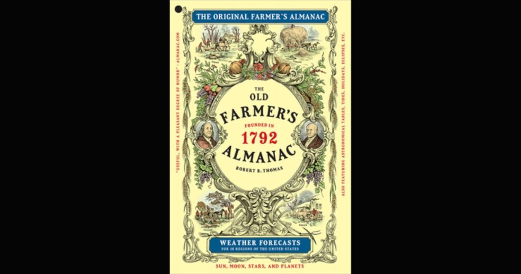 Cover of The Old Farmer’s Almanac featuring ornate gold frames, agricultural illustrations, and historical portraits, highlighting its traditional focus on farming, weather, and astronomy, with a modern nod to cannabis culture