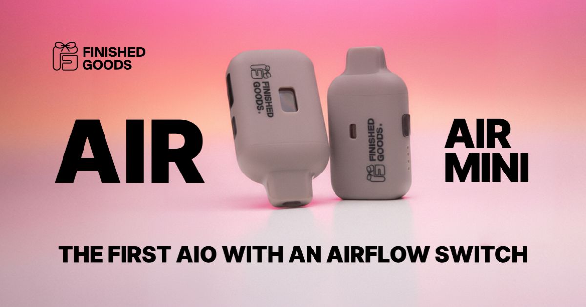 Promotional image showcasing the Finished Goods Air and Air Mini vaping devices, featuring sleek light grey designs against a gradient pink and orange background, highlighting the innovative airflow switch feature.
