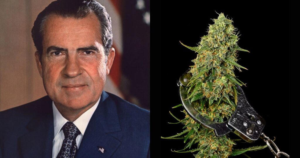 Side-by-side image featuring Richard Nixon in a suit with an American flag in the background on the left, and a vibrant cannabis bud encircled by silver handcuffs on the right, symbolizing the historical war on cannabis initiated during Nixon's presidency