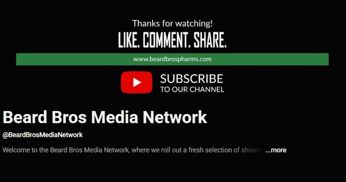 Promotional graphic for Beard Bros Media Network featuring engagement prompts like 'Like, Comment, Share,' a green bar with the website 'www.beardbrospharms.com,' and a YouTube subscription call-to-action on a black background