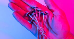 Close-up of a hand holding a cluster of small psilocybin mushrooms, illuminated by dramatic blue and magenta lighting, symbolizing New Jersey's psilocybin therapy pilot program