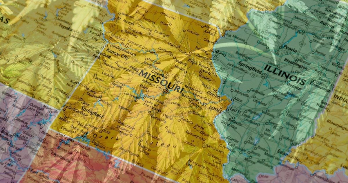 Stylized map of Missouri and surrounding states with cannabis leaf overlays in yellow, green, and purple hues, highlighting the focus on House Joint Resolution 106 and its potential impact on cannabis freedom.