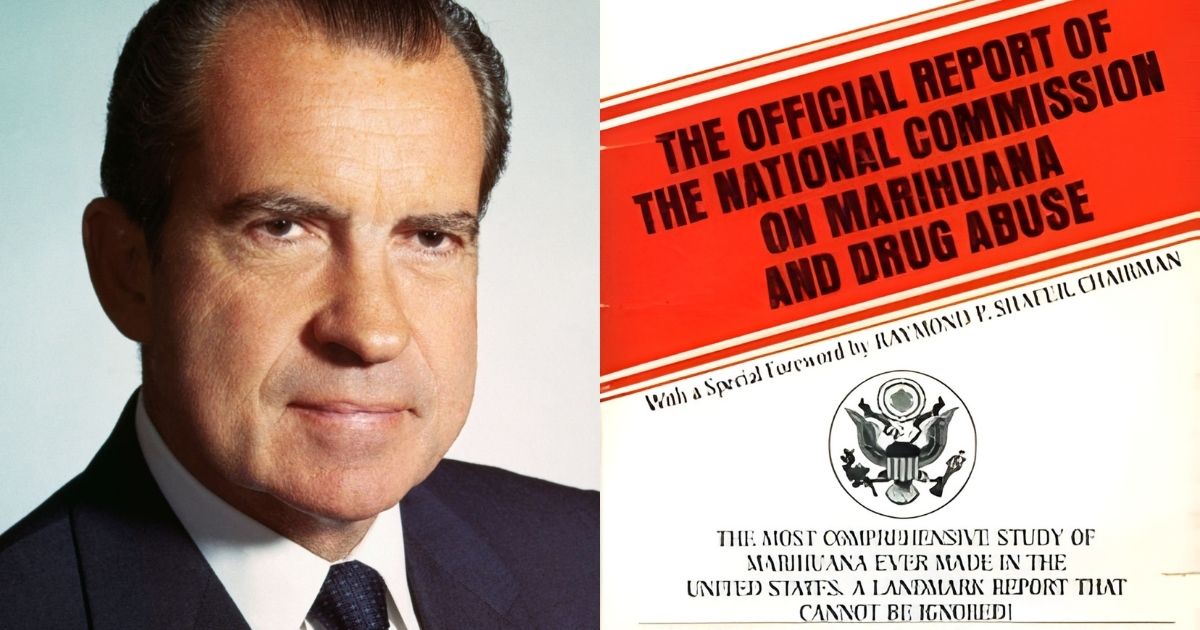 Split image featuring a portrait of President Richard Nixon on the left and the cover of the Shafer Commission Report on the right, with bold red and white design elements and the Great Seal of the United States, symbolizing the historical debate over marijuana policy.
