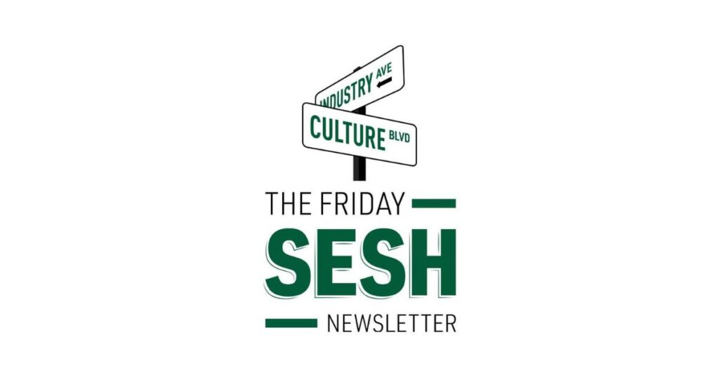 Minimalist logo for the Friday Sesh Newsletter featuring a white background, green street signs labeled 'Industry Ave' and 'Culture Blvd,' and bold text highlighting 'The Friday Sesh Newsletter