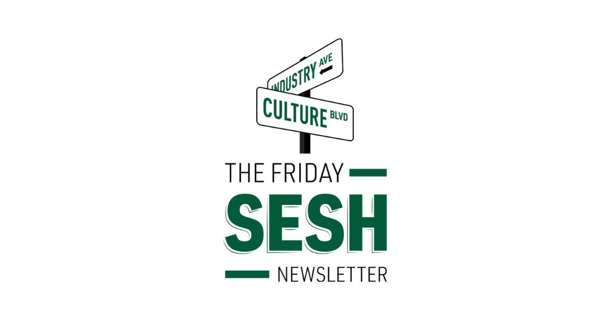 Minimalist logo for the Friday Sesh Newsletter featuring a white background, green street signs labeled 'Industry Ave' and 'Culture Blvd,' and bold text highlighting 'The Friday Sesh Newsletter