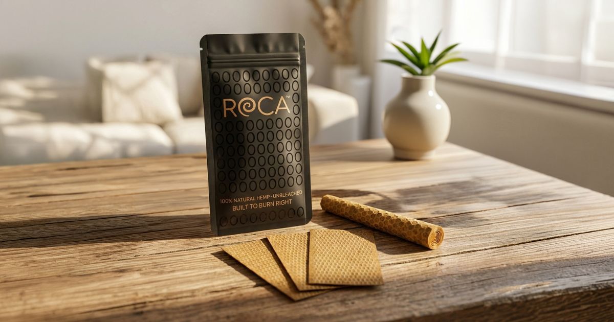 Product display featuring a matte black ROCA™ pouch labeled '100% Natural Hemp - Unbleached' alongside light brown waffle-patterned hemp wraps on a rustic wooden table, with a blurred home interior in the background