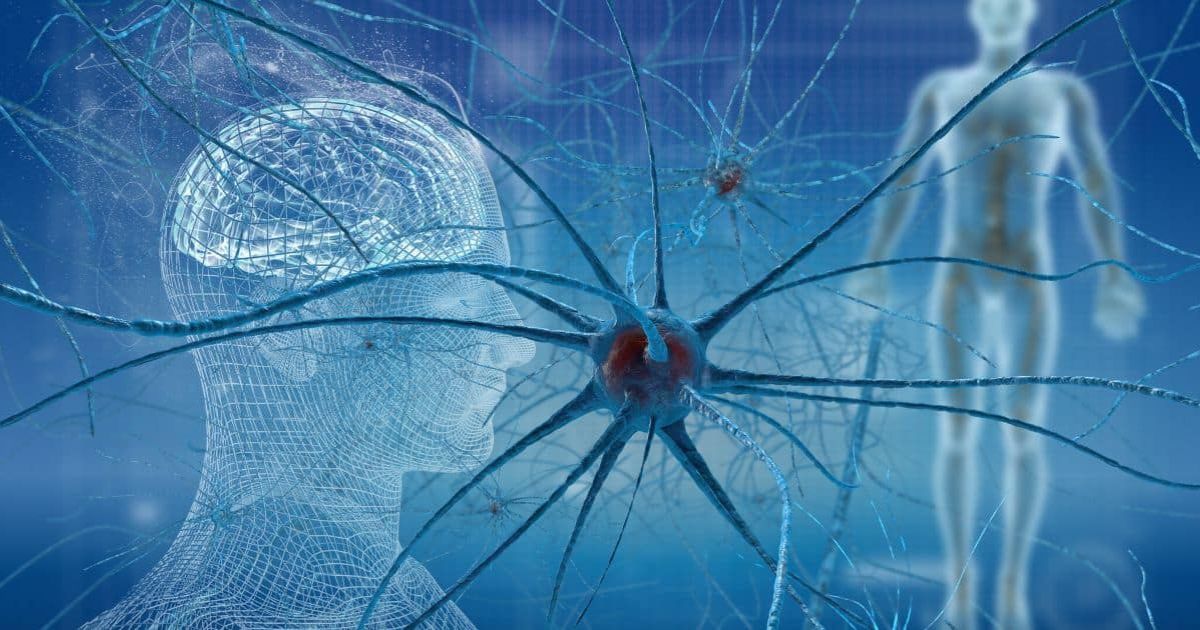 Digital illustration exploring the effects of cannabis consumption, featuring a large neuron with glowing reddish-orange accents, a wireframe human head with a detailed brain, and a translucent human body. The blue-toned background is filled with smaller neurons, abstract neural pathways, and light trails, symbolizing the connection between cannabis and brain activity, as well as its impact on the human body