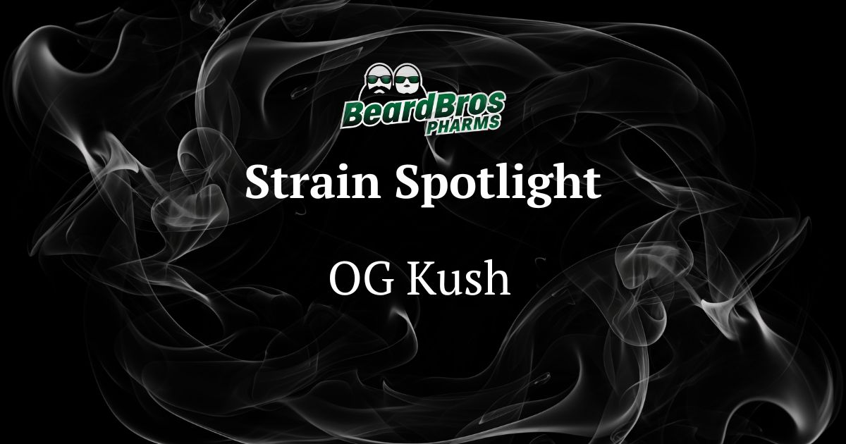 Promotional graphic by BeardBros Pharms featuring the OG Kush strain, with a dark smoky background, a central 'Strain Spotlight' title, and the brand's logo of two bearded figures in green caps.