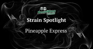 Promotional graphic by BeardBros PHARMS featuring the Pineapple Express cannabis strain, with a dark smoky background, bold white serif text, and a green logo of two bearded figures.